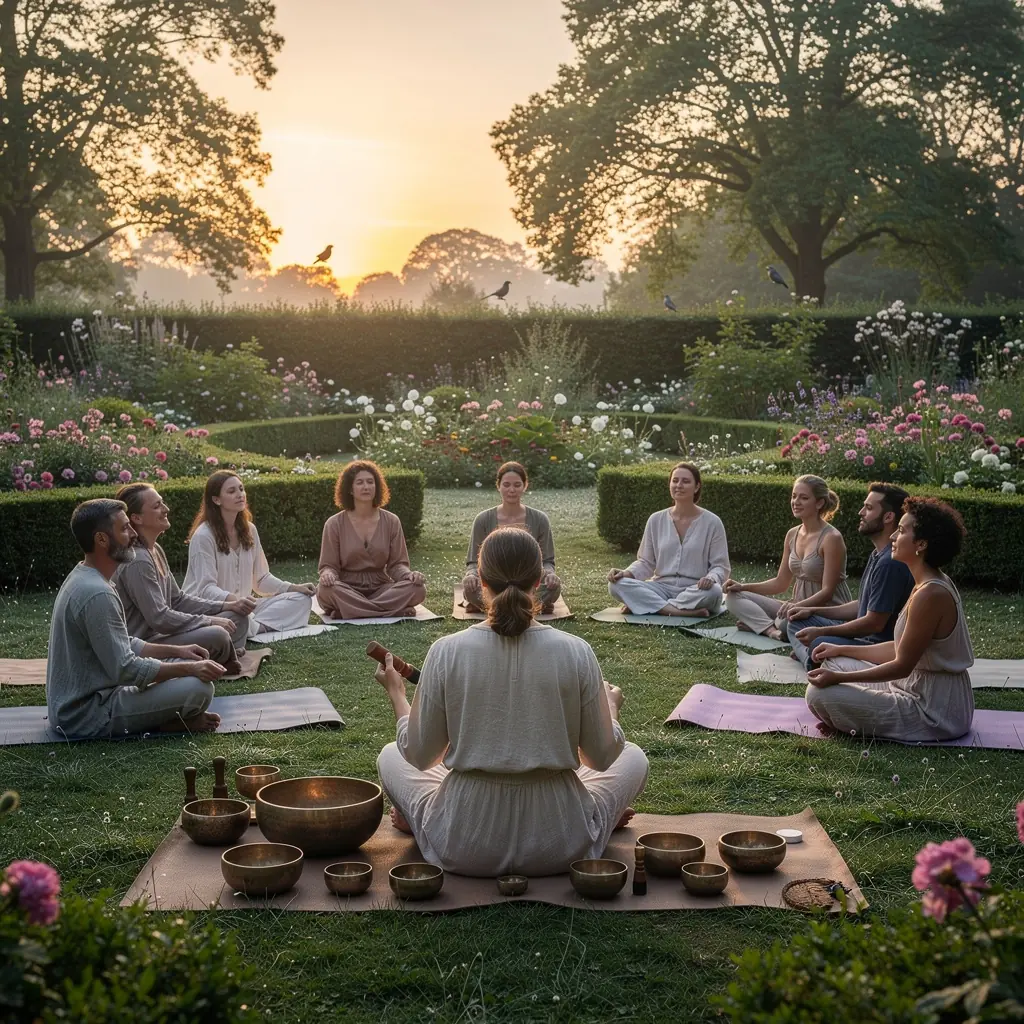 Retiro de yoga al amanecer con participantes practicando en un entorno natural.