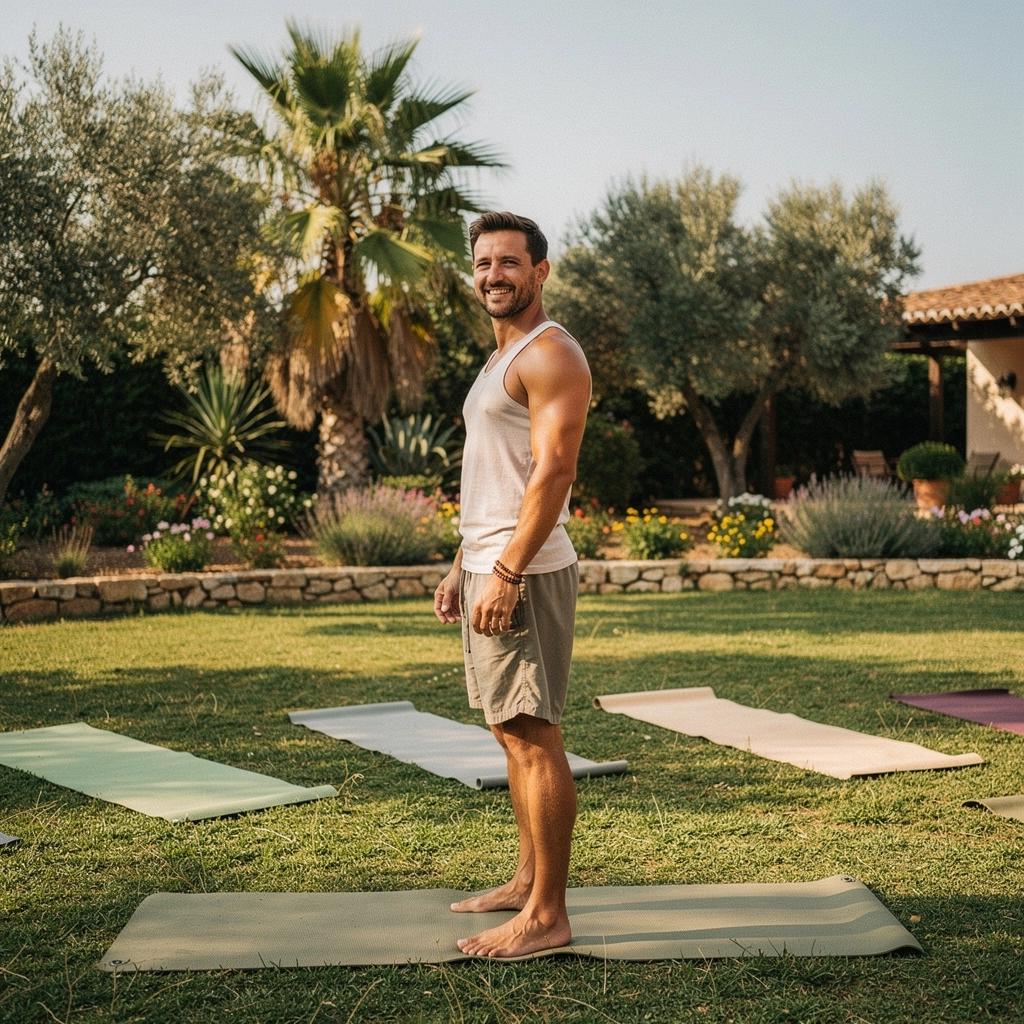 Retiro de yoga en un entorno natural con personas practicando posturas en un campo de flores.